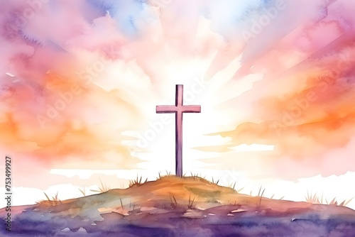 Watercolor cross crucifix silhouette on hill with pastel sky background landscape illustration for religion resurrection salvation concept decoration © khanh my