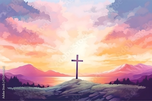 Watercolor cross on mountain and lake landscape background painting for religious wallpaper cover illustration graphic design