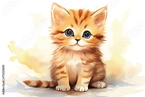 Watercolor smiling red kitten isolated on white background with copy space for animal pet mammal cat concept