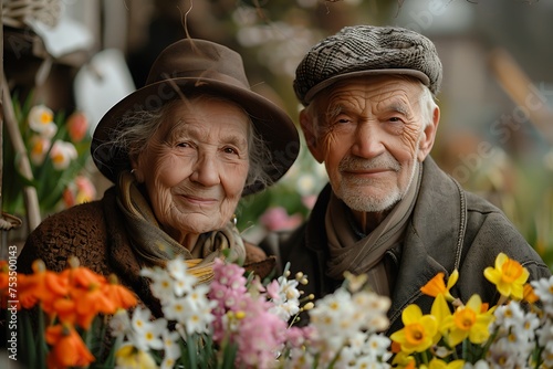 portrait shot of a happy elderly couple, man and woman, against the backdrop of a beautiful blooming spring garden © Anastasiya