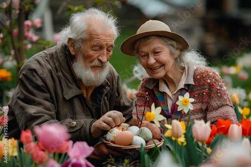 an elderly couple, a man and a woman, are holding Easter eggs on a tray against the backdrop of a blooming spring garden