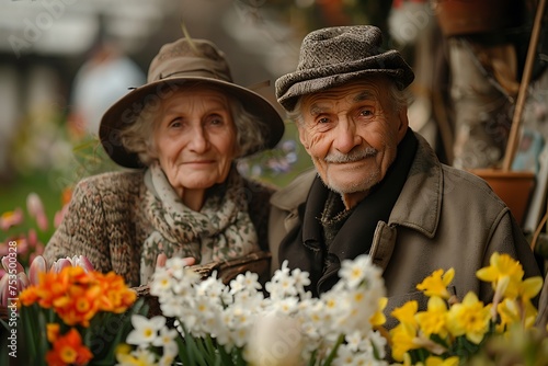 Smiling Elderly Couple Portrait in Spring Garden Blooms