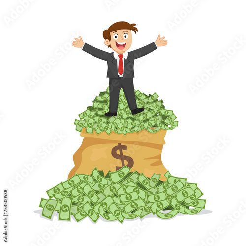 Happy businessman standing on huge pile of money. business income success concept,
Flat, Poster, Vector, Illustration, Cartoon, EPS10.