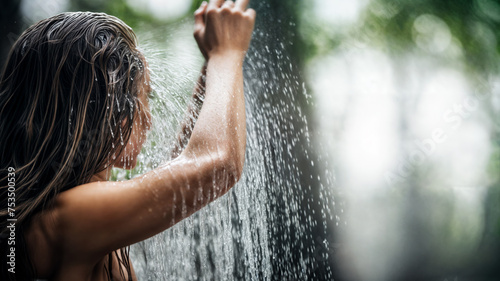 Young Woman Rinsing Long Hair During a Relaxing Shower in Soft Natural Light