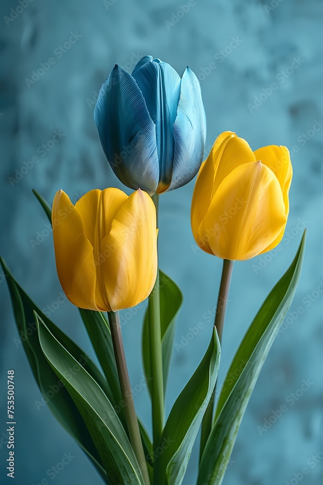 Obraz premium beautiful bouquet of blue and yellow tulips on a blue background generated by AI