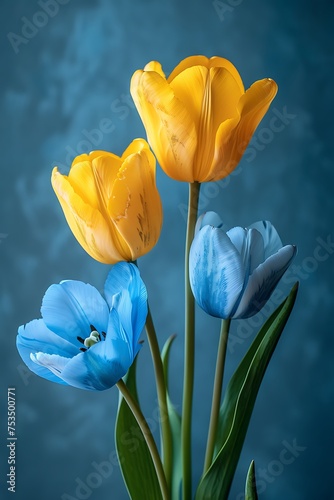 beautiful bouquet of blue and yellow tulips on a blue background generated by AI