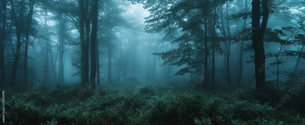 Fototapeta premium Enchanting Misty Forest Scene with Lush Greenery and Mysterious Atmosphere Captured in Ethereal Morning Light