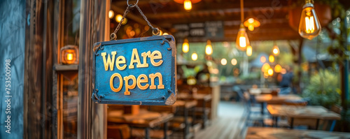 Welcoming We Are Open signboard hanging at the entrance of a business, inviting customers with a friendly greeting and warm atmosphere