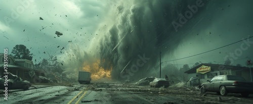 Apocalyptic Vision: Catastrophic Tornado Ravages Small Town, Depicting Chaos and Destruction in a Dramatic Weather Disaster Scenario