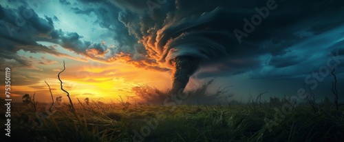Majestic Nature s Fury Captured at Twilight  A Tornado Descends Upon a Serene Landscape Amidst a Fiery Sunset Sky