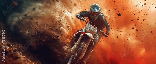 Thrilling High-Speed Dirt Bike Racer Performing in an Explosive Off-Road Adventure with Dynamic Dust and Sunset Backdrop