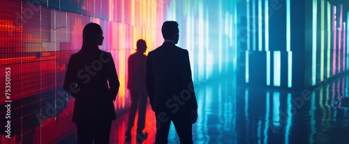 Two Professionals Standing Against a Backdrop of Neon Lights in a Futuristic Corridor - Contemporary Business Concept