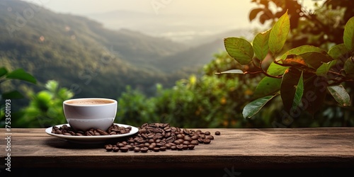 Coffee cup with organic beans on wooden table, plantations background with copy space.