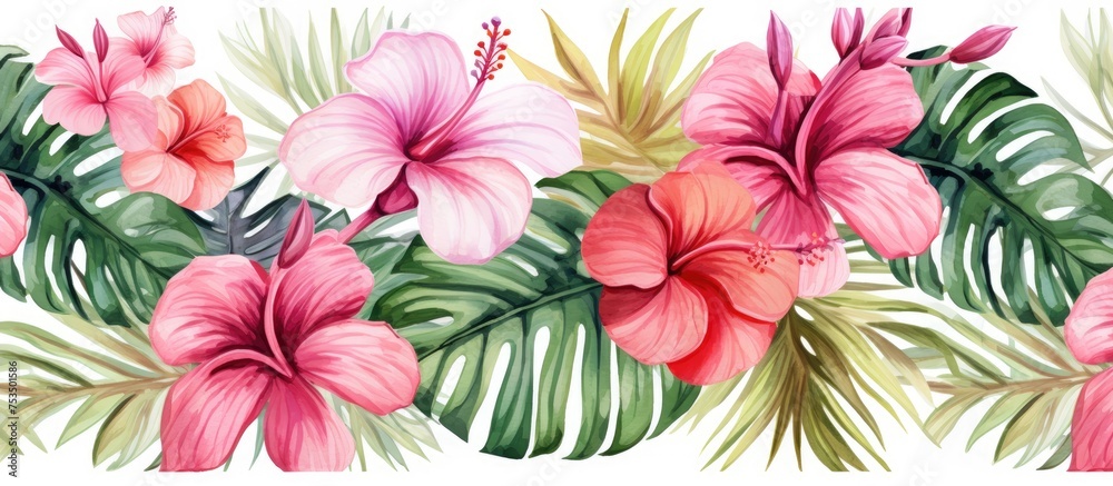 Tropical Leaves and Flowers Seamless Watercolor Pattern Tropical Leaves and Flowers Seamless Watercolor Pattern