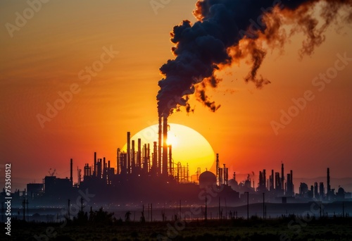 CO2 emissions produced by a factory at sunset  contributing to environmental concerns amid the golden glow of dusk by ai generated
