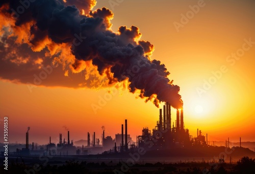 CO2 emissions produced by a factory at sunset, contributing to environmental concerns amid the golden glow of dusk by ai generated