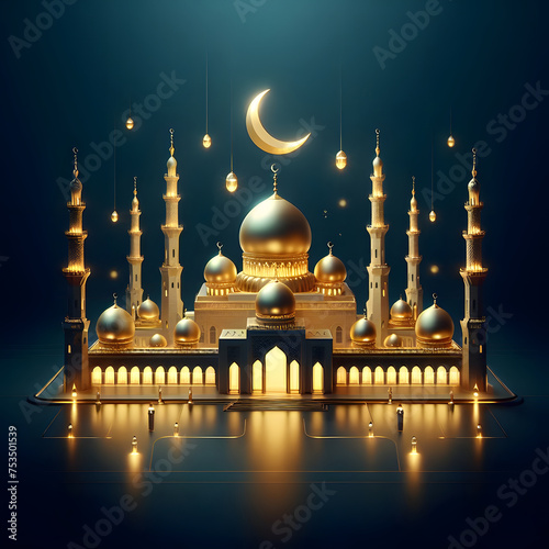 Golden Mosque  an Islamic festival  celebrating Ramadan  Isolated on a dark blue background