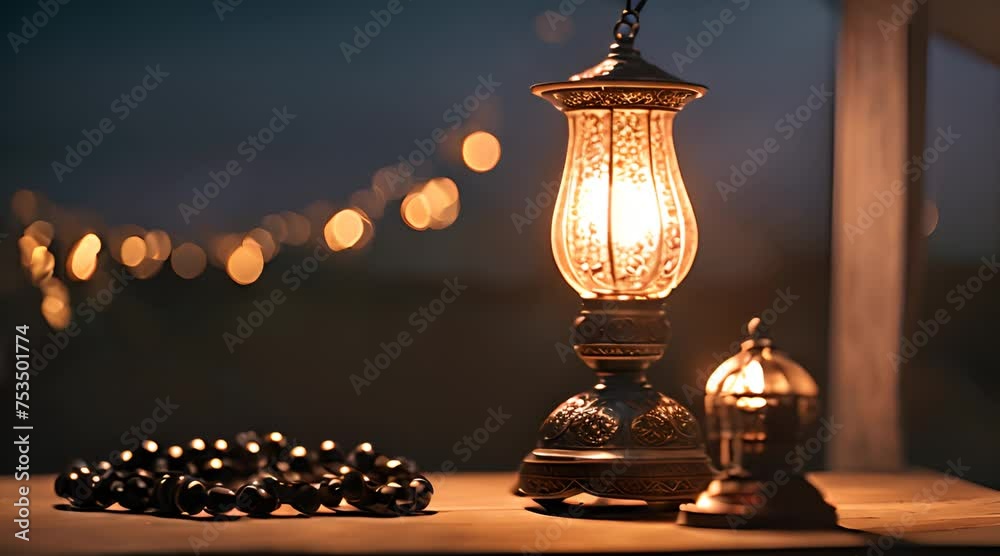 Cinematic scene of lit Islamic lantern and prayer beads with nighttime atmosphere and bokeh background. Concept of Ramadan night and Eid al-Fitr Cinematic scene of lit Islamic lantern and prayer beads with nighttime atmosphere and bokeh background. Concept of Ramadan night and Eid al-Fitr