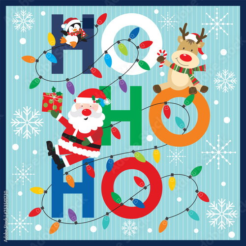 Christmas card design with cute santa, reindeer, penguin and ho ho ho
