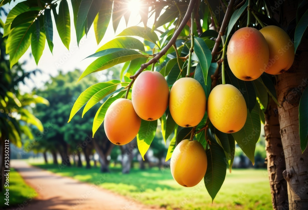 Fresh mangoes bask under the sun, dangling from the branches of trees, ready for picking by ai generated