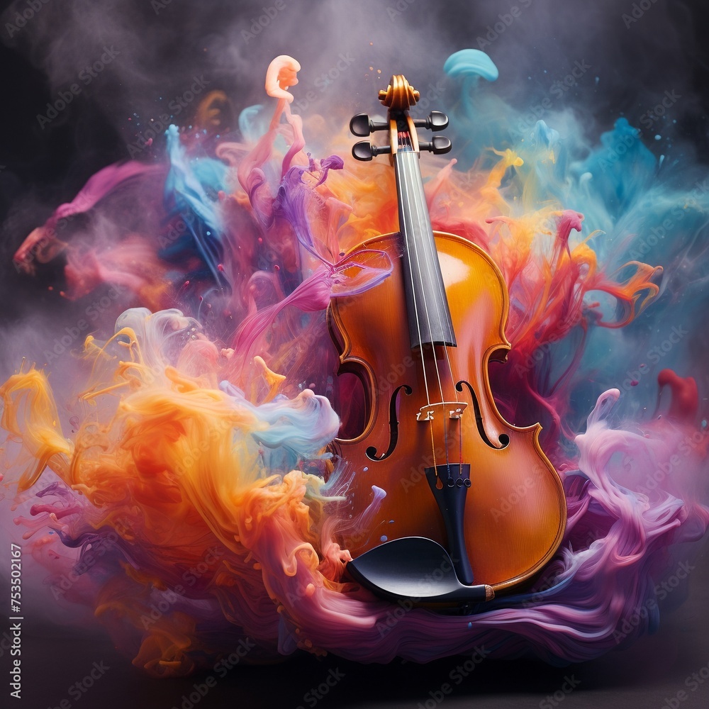 Violin emerging from a dusty color-infused fog