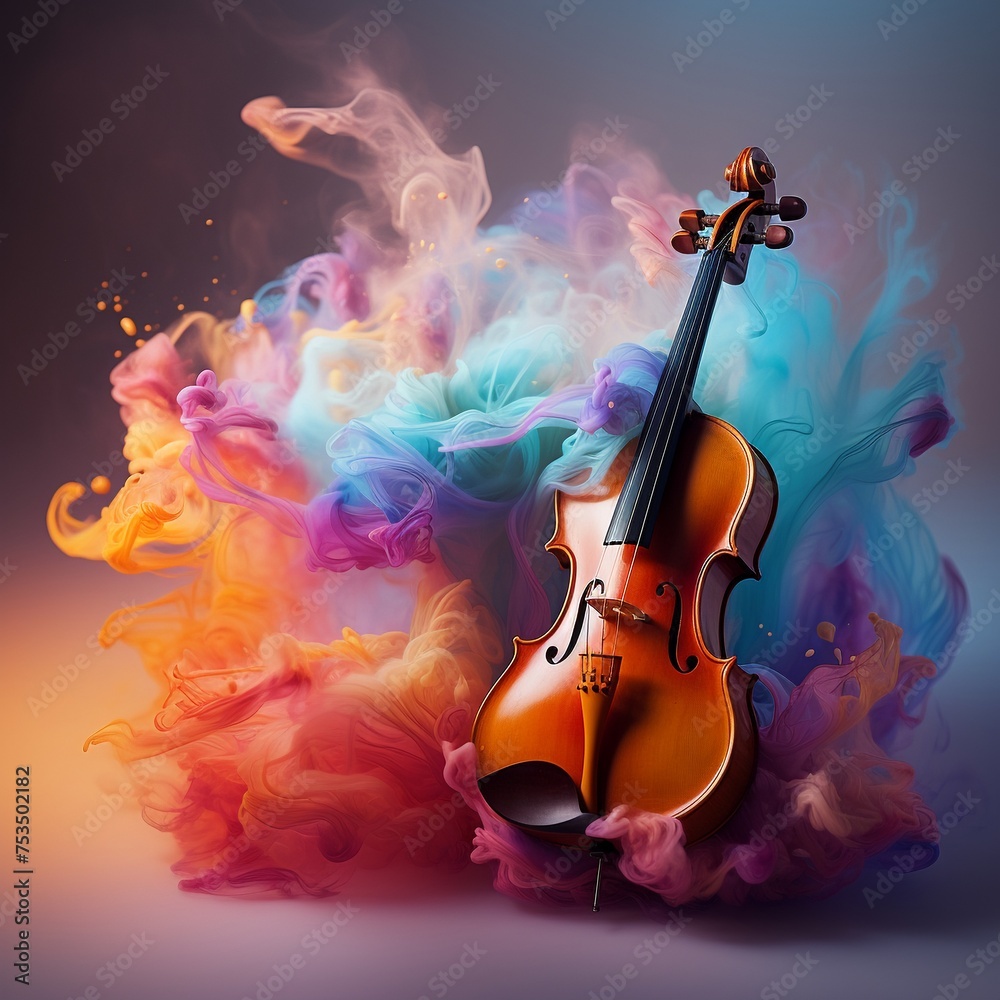 Violin emerging from a dusty color-infused fog