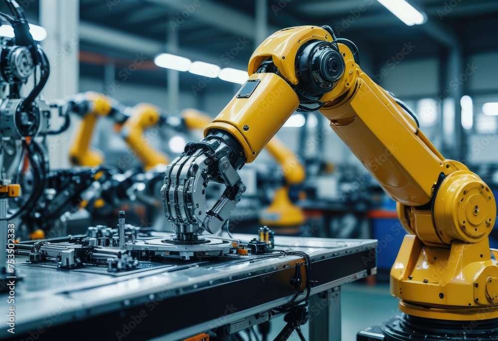 In Industry 4.0, a robotic arm diligently operates on the assembly line within the factory by ai generated In Industry 4.0, a robotic arm diligently operates on the assembly line within the factory by ai generated