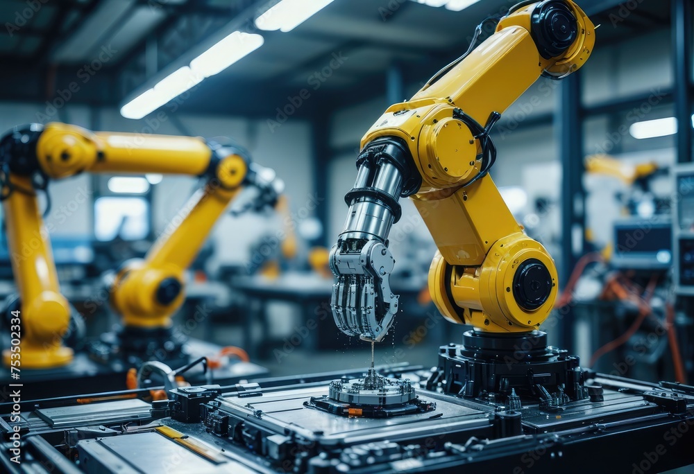 In Industry 4.0, a robotic arm diligently operates on the assembly line within the factory by ai generated