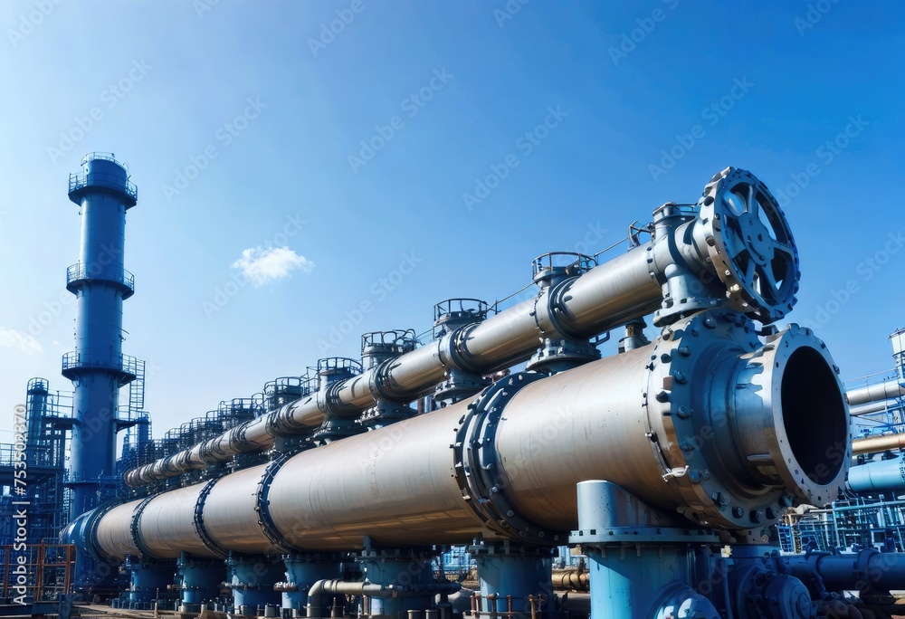 In the industrial zone, steel pipelines and valves stand tall against a backdrop of blue sky by ai generated In the industrial zone, steel pipelines and valves stand tall against a backdrop of blue sky by ai generated