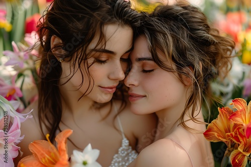 a pair of beautiful girls in love on a background of spring flowers generated by AI