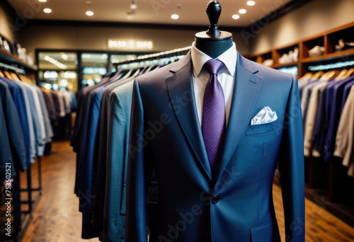 Inside the men's suit store, rows of neatly displayed garments await discerning customers seeking professional attire by ai generated