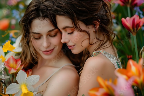 a pair of beautiful girls in love on a background of spring flowers generated by AI