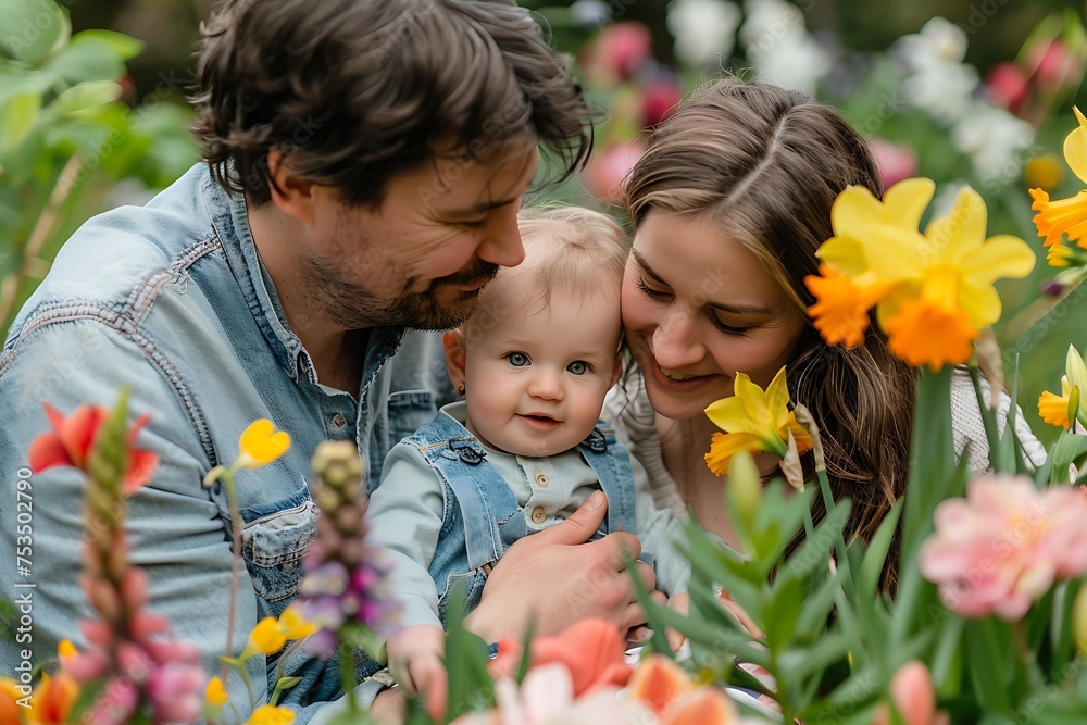 young happy married couple hugging a child on the background of a spring garden generated by AI young happy married couple hugging a child on the background of a spring garden generated by AI
