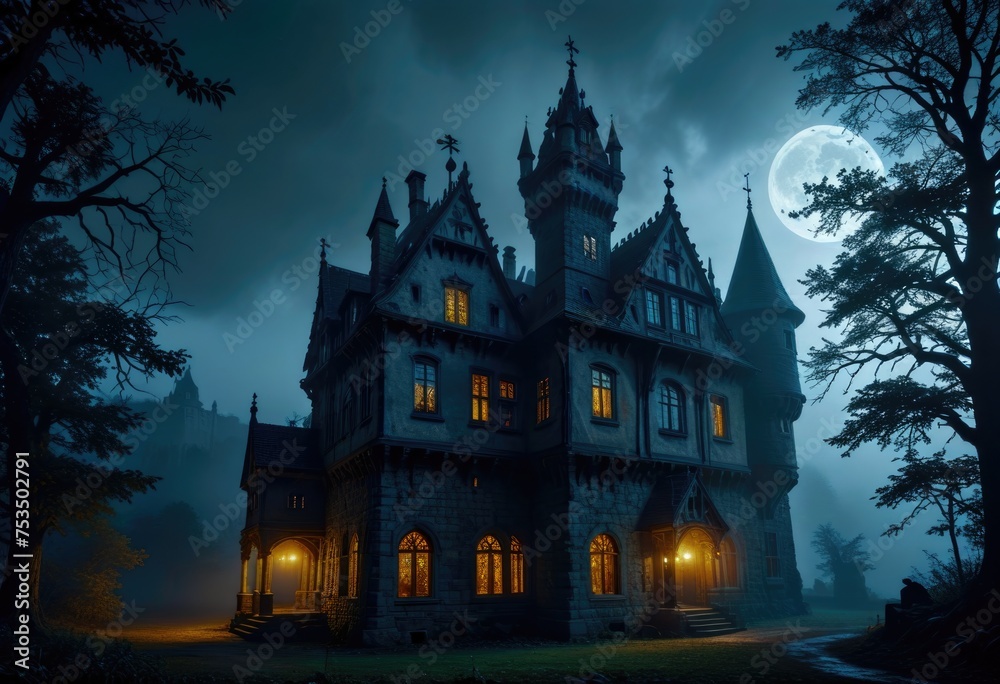 On a spooky, misty Halloween night, a large haunted castle looms with numerous illuminated windows by ai generated On a spooky, misty Halloween night, a large haunted castle looms with numerous illuminated windows by ai generated