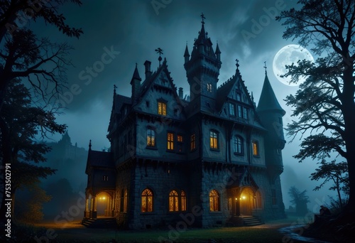 On a spooky, misty Halloween night, a large haunted castle looms with numerous illuminated windows by ai generated