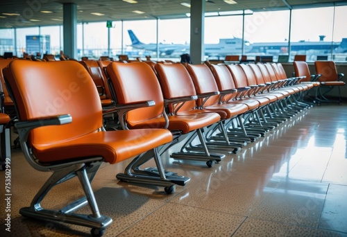 Rows of chairs in the airport terminal, patiently awaiting passengers for their upcoming flights by ai generated