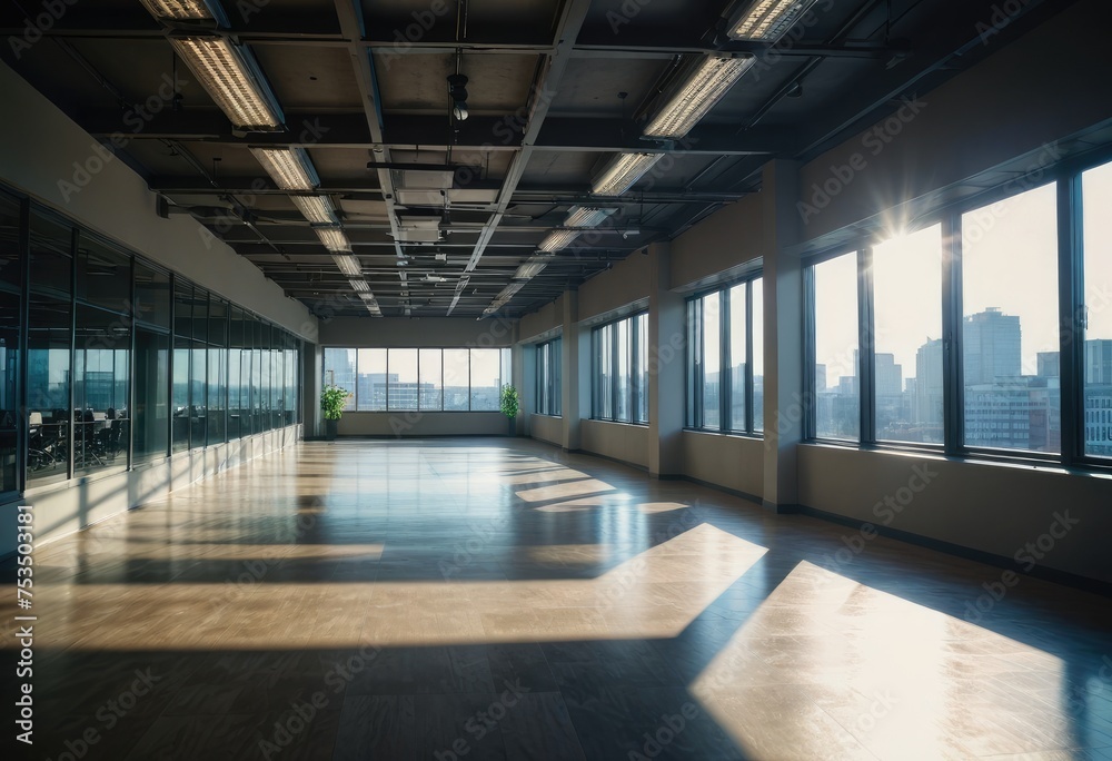 Sunlight fills the interior of a modern office building, illuminating sleek and contemporary design elements by ai generated