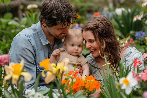 happy married couple husband and wife hugging their baby in spring garden