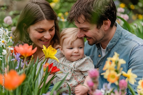 happy married couple husband and wife hugging their baby in spring garden