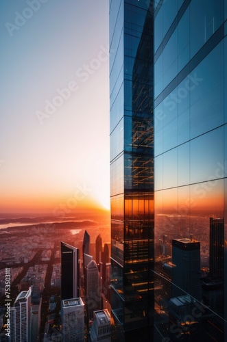 stunning image of a modern office building with a glass facade glowing at sunset, urban skyline by ai generated