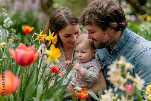 happy married couple husband and wife hugging their baby in spring garden