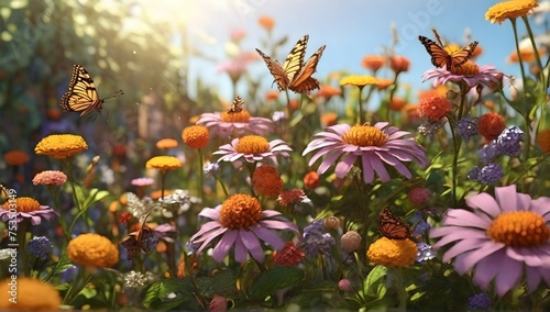 Pollinator garden with plenty of flowers in the morning sun after the rain  butterflies  bees  hyper realistic  detailed  8k  sharp