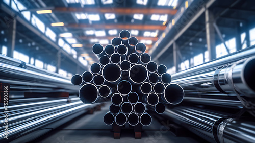 Rows of steel pipes neatly stacked in a busy industrial warehouse