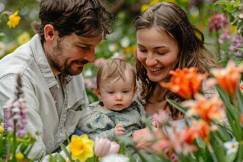 happy married couple husband and wife hugging their baby in spring garden