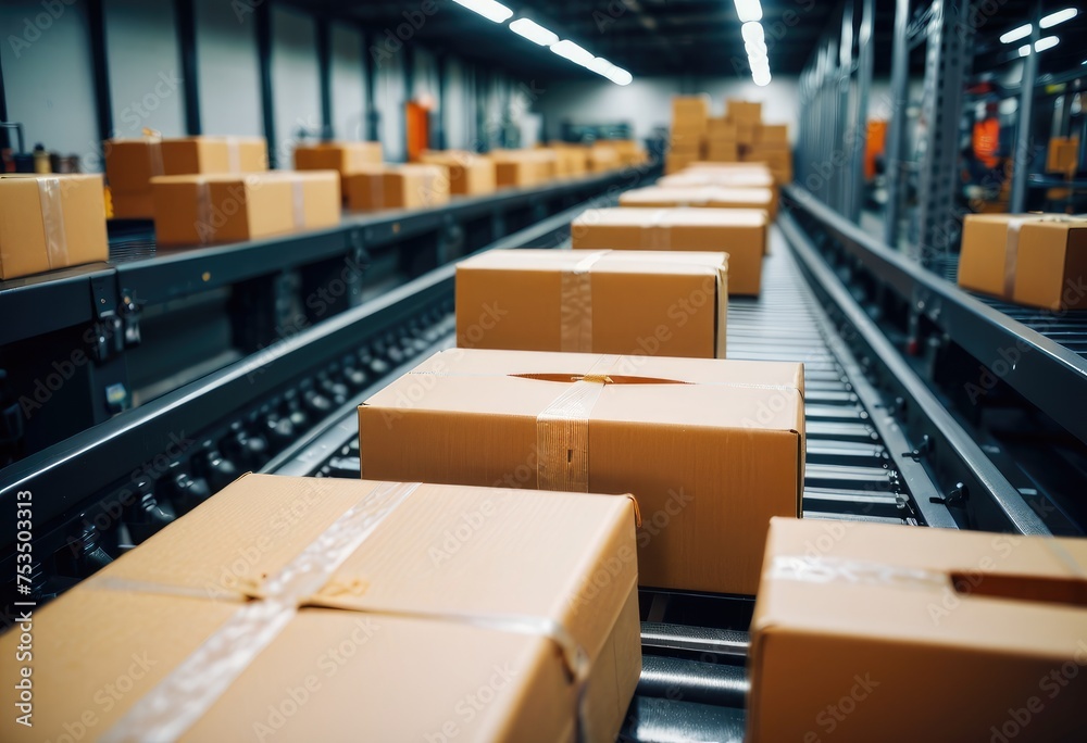 The conveyor belts facilitate the rapid movement of packaging boxes, ensuring efficient processing in the warehouse by ai generated The conveyor belts facilitate the rapid movement of packaging boxes, ensuring efficient processing in the warehouse by ai generated