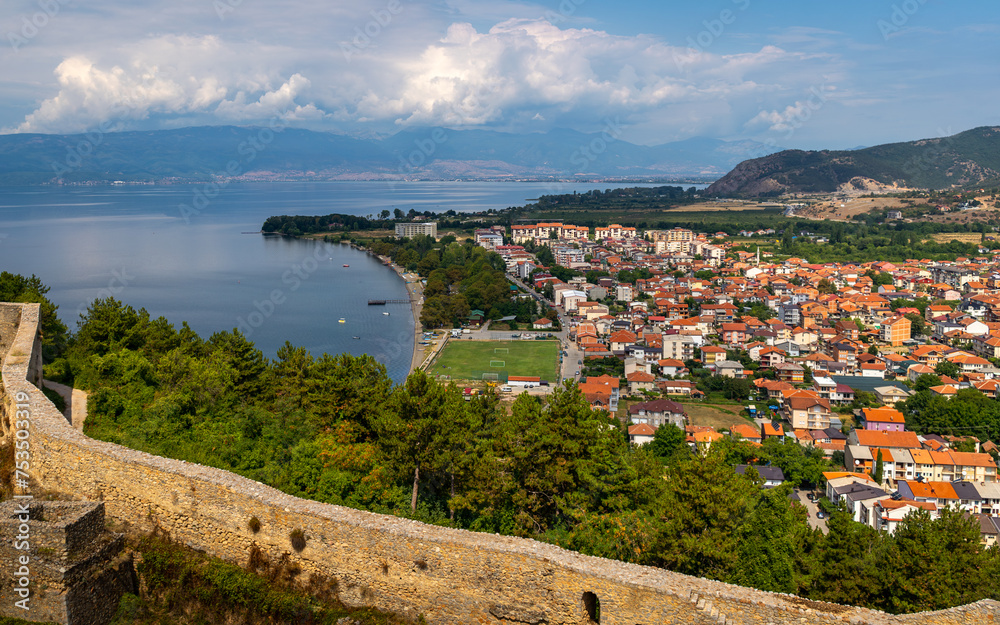 Ohrid, North Macedonia - a cityscape view of the city and the lake Ohrid. Famous tourist attraction and travel destination. View of lake from the castle