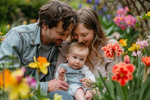 happy married couple husband and wife hugging their baby in spring garden