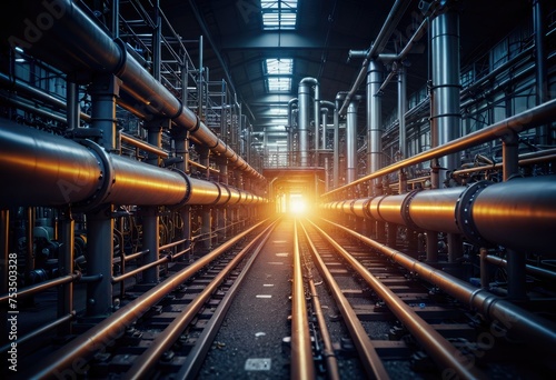 The chemical plant is equipped with metal pipelines and specialized machinery to facilitate production processes by ai generated photo