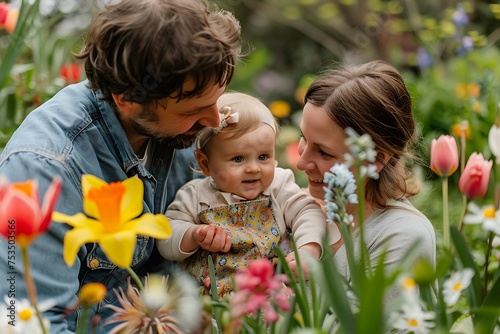 happy married couple husband and wife hugging their baby in spring garden