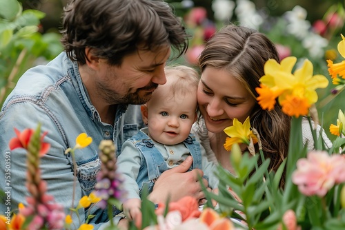happy married couple husband and wife hugging their baby in spring garden